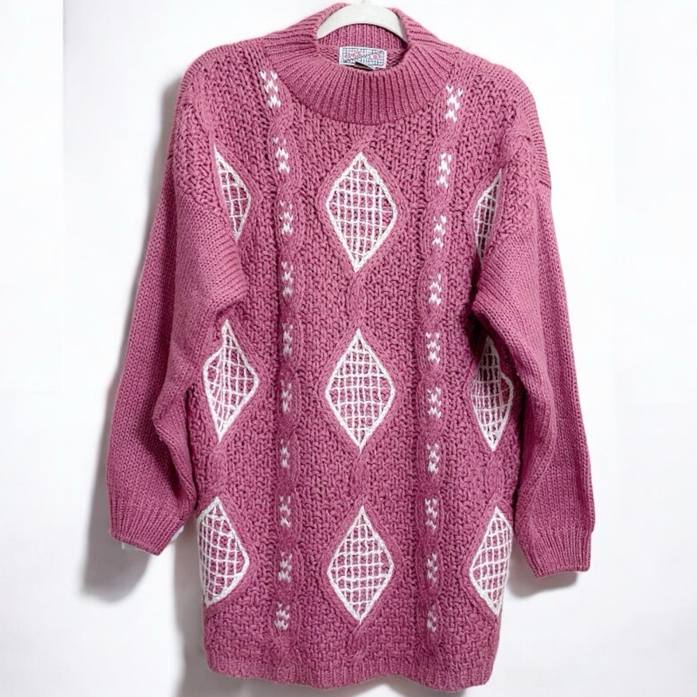 Vintage Spice of Life Rose Pink & White Chunky Crochet‎ Sweater Size Medium